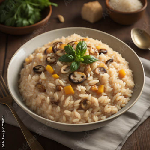 A bowl of gourmet risotto, showcasing creamy Arborio rice cooked to perfection, infused with savory ingredients such as mushrooms