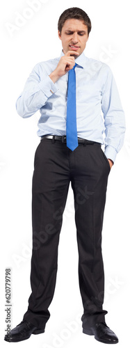 Digital png photo of confused caucasian businessman looking down on transparent background