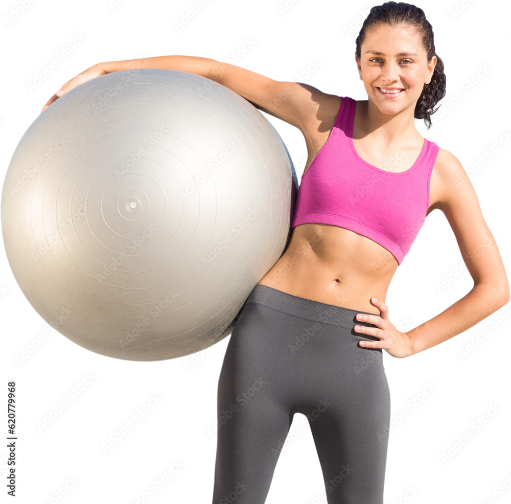 Digital png photo of caucasian woman with ball wearing sports clothes on transparent background Digital png photo of caucasian woman with ball wearing sports clothes on transparent background