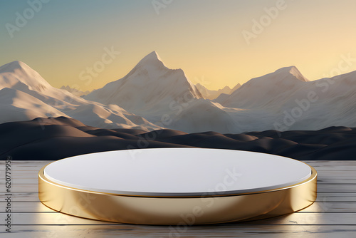 Pedestals simple showcase scene with white hemisphere and golden ring, gold round frame and liquid floor with reflection. Podium for product presentation