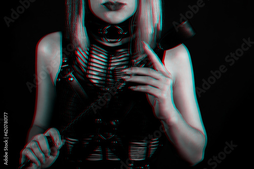 woman with a sexy body in beautiful underwear holds a leather flogger whip in her hand for BDSM sex with domination and submission. Black and white with 3D glitch virtual reality effect
