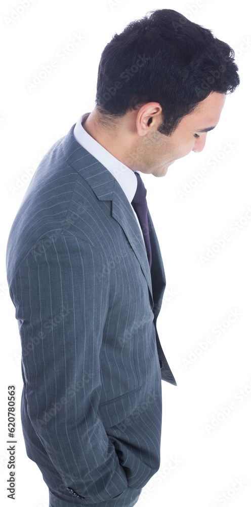 Digital png photo of happy asian businessman looking down on transparent background Digital png photo of happy asian businessman looking down on transparent background