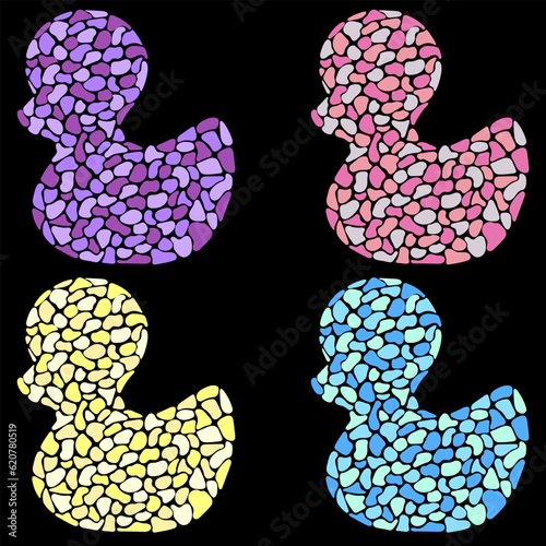 Stone floor pattern consisting of 4 cute duck structures, purple, yellow, pink, blue, light pastel tones. On a dark black background. Illustration. Graphic design drawing.