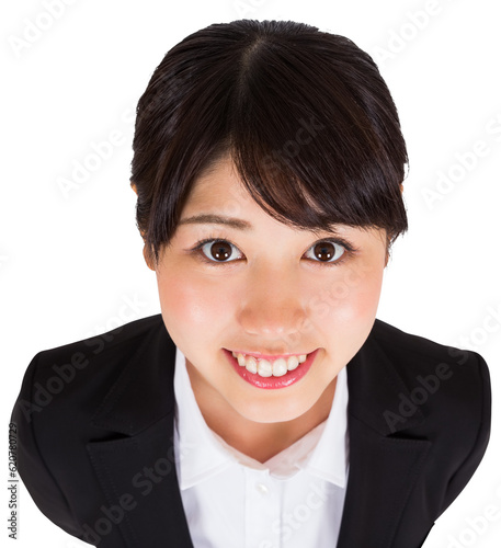 Digital png photo of view from above happy asian businesswoman on transparent background