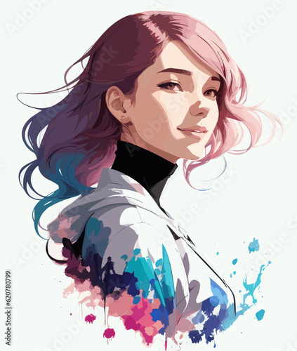 Watercolor painting of a smiling girl. Portrait of a young woman isolated on white background. Vector illustration.