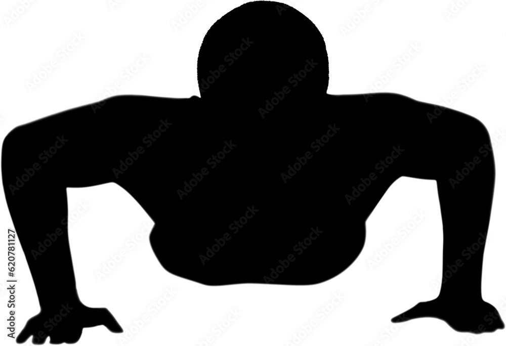 Digital png silhouette image of man doing push-ups on transparent background