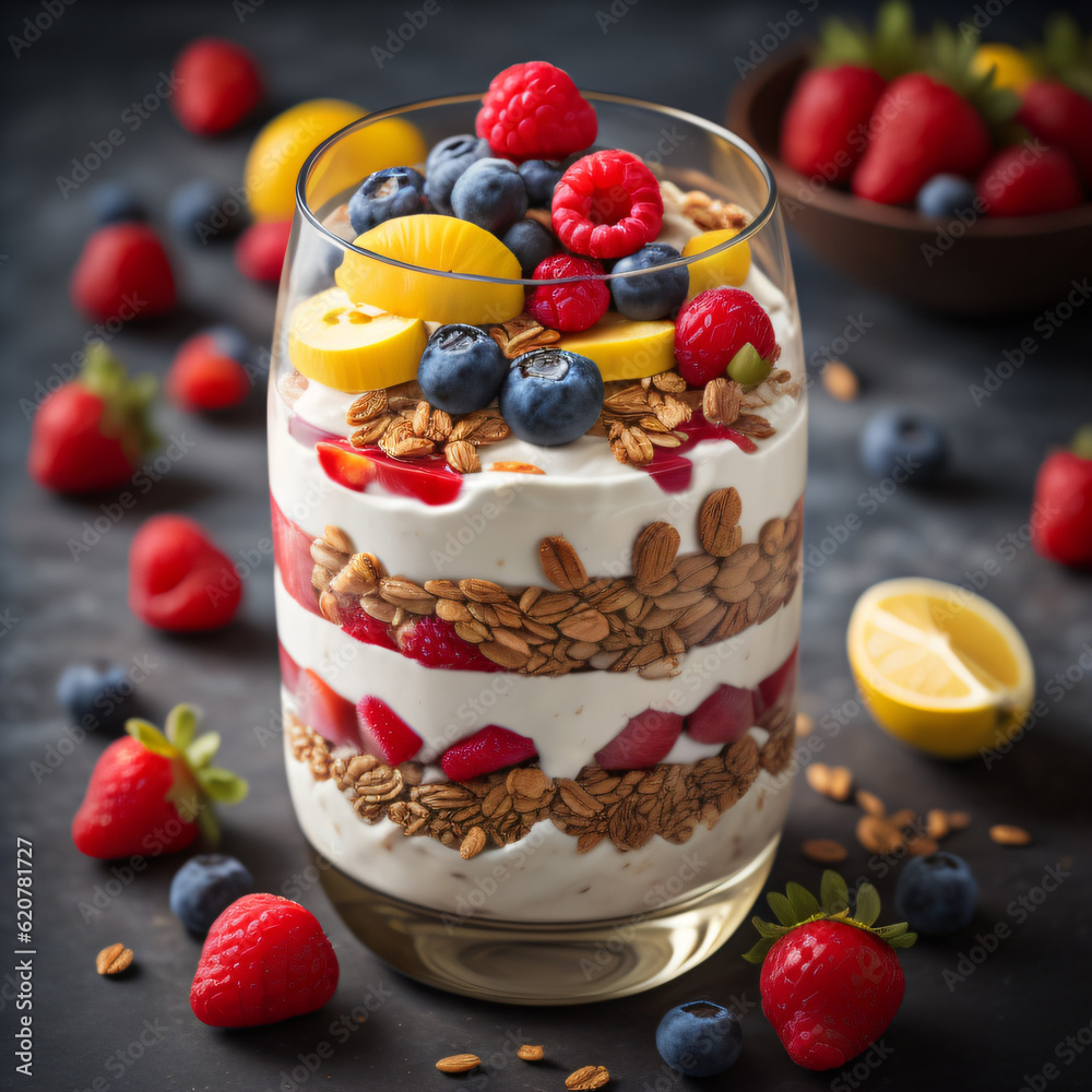 Healthy breakfast parfait, showcasing layers of creamy yogurt, vibrant fruits like berries, sliced bananas, and a sprinkle of crunchy granola Healthy breakfast parfait, showcasing layers of creamy yogurt, vibrant fruits like berries, sliced bananas, and a sprinkle of crunchy granola