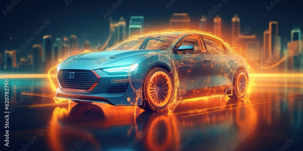wireframe car concept on road and futuristic city on background SUV rear view, 3D rendering