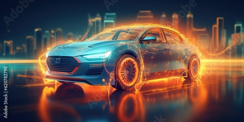 wireframe car concept on road and futuristic city on background SUV rear view  3D rendering