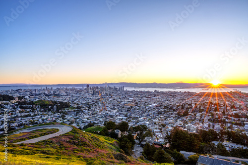 The first sunrays over the city of San Francisco in California, United States