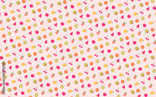 スタンプ加工と手描き風の質感のポップで可愛いフルーツ・くだものシームレス背景パターン柄の素材_ピンク色