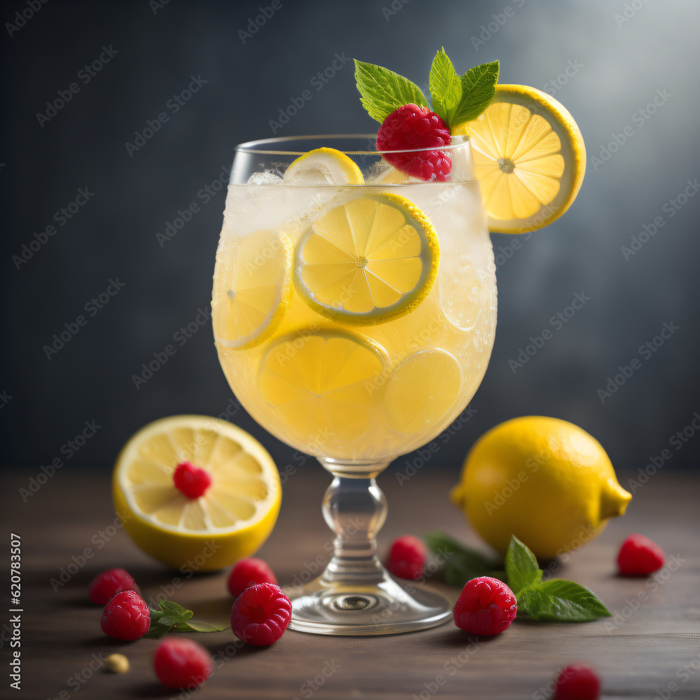 a sparkling lemonade, garnished with fresh raspberries and lemon wedges a sparkling lemonade, garnished with fresh raspberries and lemon wedges