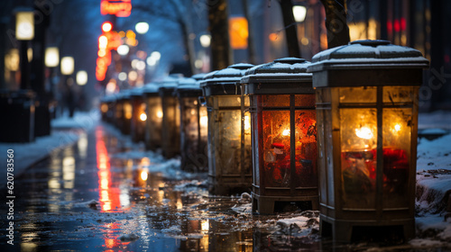 View of garbage containers in city on winter day. Generative Ai