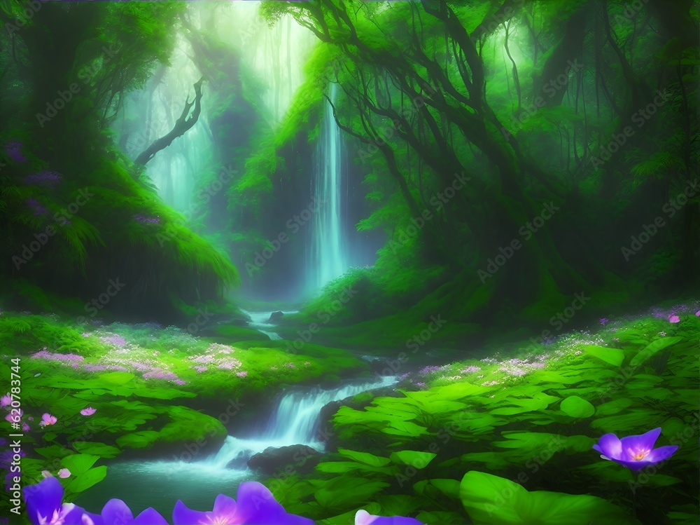 A fantastic digital painting of a dense jungle in a magical wonderland, where fairy lights twinkle amidst the lush greenery and vines.