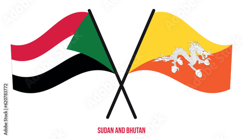 Sudan and Bhutan Flags Crossed And Waving Flat Style. Official Proportion. Correct Colors.