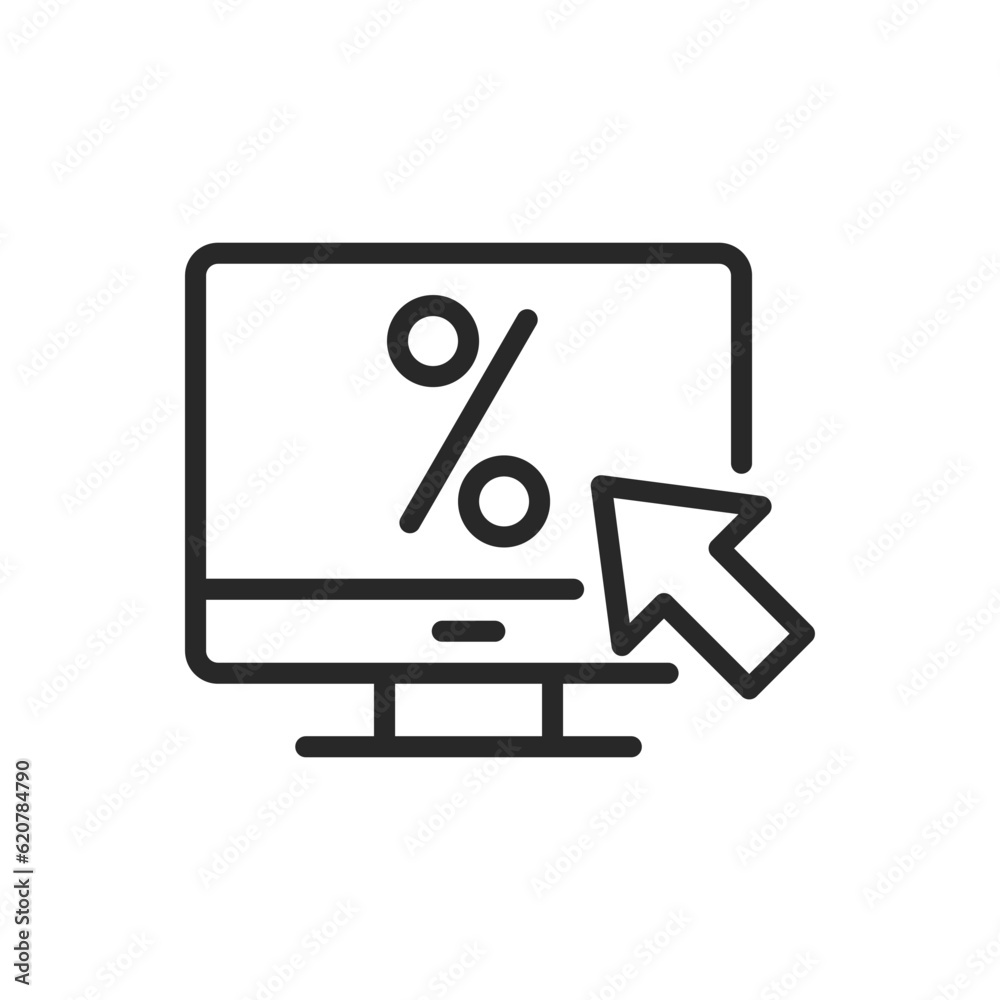 Online Web Discount Icon. Vector Linear Editable Sign of a Monitor Screen with Discount Sign, Symbolizing E-commerce and Internet Savings. Online Web Discount Icon. Vector Linear Editable Sign of a Monitor Screen with Discount Sign, Symbolizing E-commerce and Internet Savings.