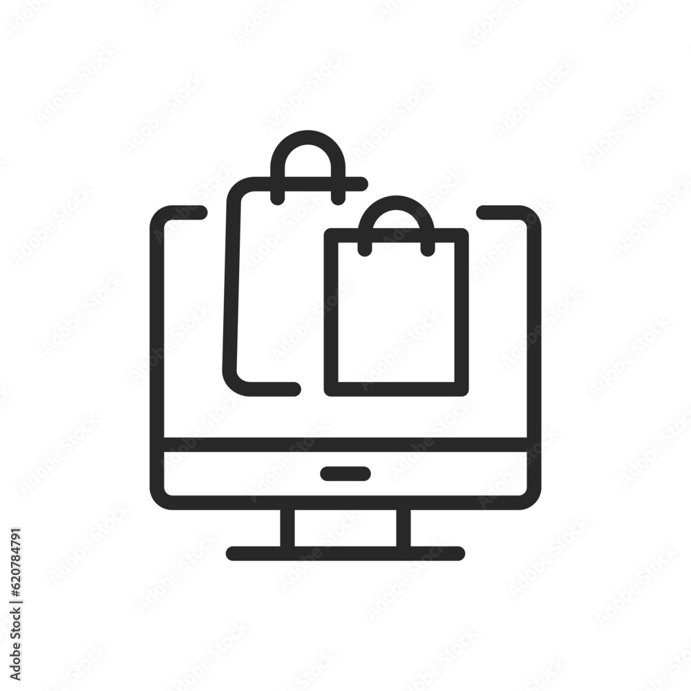Online Shopping Icon. Vector Linear Editable Illustration of a Monitor Screen with Shopping Bags, Symbolizing E-commerce and Internet Retail Online Shopping Icon. Vector Linear Editable Illustration of a Monitor Screen with Shopping Bags, Symbolizing E-commerce and Internet Retail