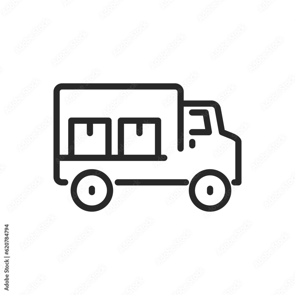 Parcel Delivery Truck Icon. Vector Linear Editable Sign of a Freight Vehicle Loaded with Packages, Symbolizing Postal Delivery and E-commerce Shipment.