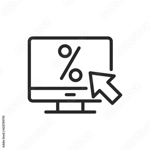 Online Web Discount Icon. Vector Linear Editable Sign of a Monitor Screen with Discount Sign, Symbolizing E-commerce and Internet Savings.