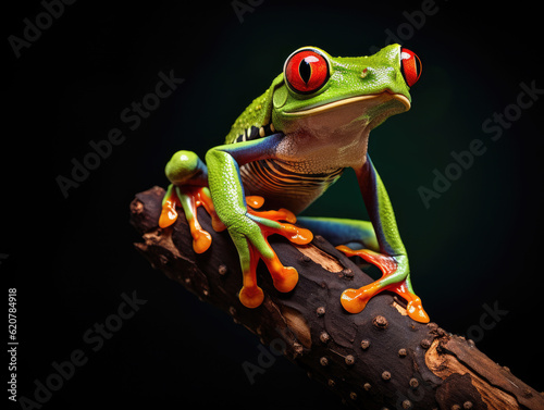 Redeyed tree frog sits on bamboo stick