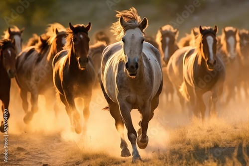 horses in the wild at sunset