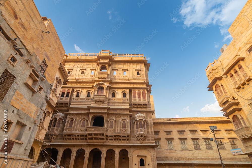 Jaisalmer, Rajasthan, India - 16 th October 2019 : Patwon Ki Haveli , Mansion of Brocade Merchants, a cluster of five large havelis bulit by wealthy Guman Chand Patwa, largest haveli ,private mansion.
