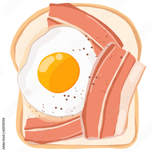 Tasty Egg Bacon Toast with various toppings isolated on white painting Illustration