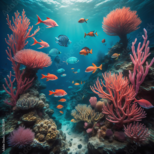 Enchanting underwater world illustration with a palette of aqua blue and coral pink.