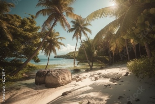 Perfect tropical paradise with swaying palms on sandy seashore. Generative AI