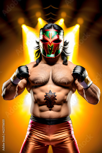  Image of a cartoon Mexican wrestler wearing a mask.  AI-generated fictional illustration 