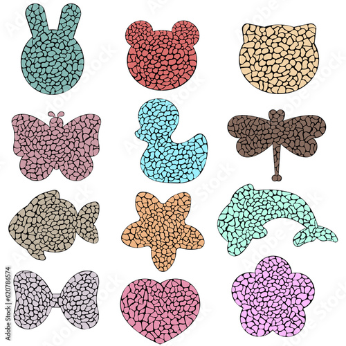 The pattern on the stone floor is composed of cute animal structures. And beautiful shapes, including 12 images, soft pastel tones, black borders on a white background, illustration, drawing, graphic 