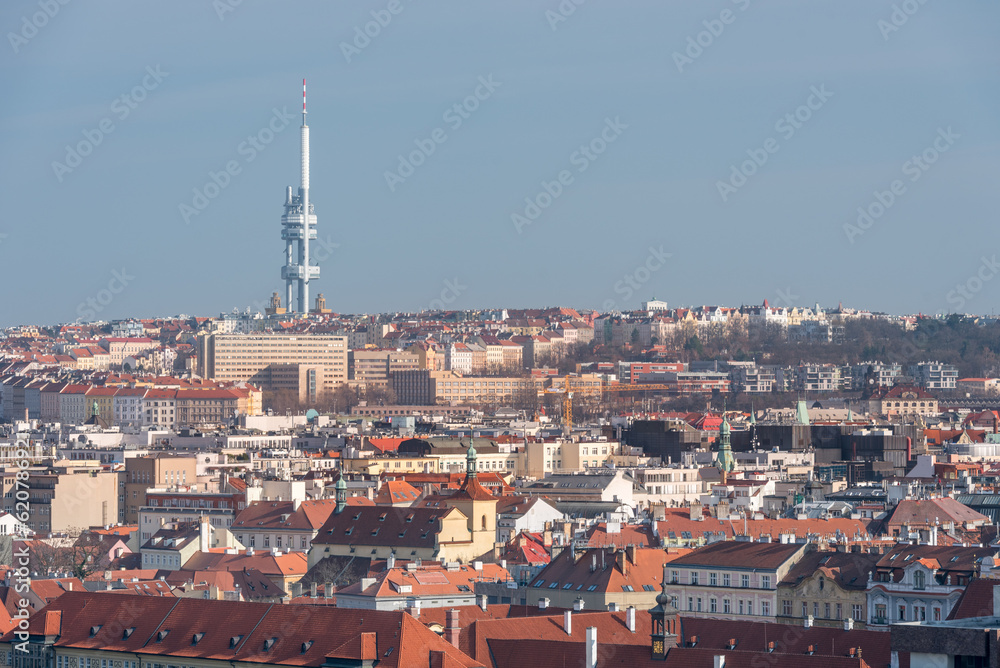 Prague Cityscape with TV Tower in Background