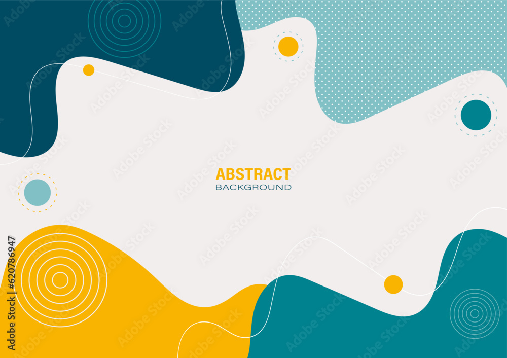 Abstract yellow and deep blue-green organic shapes on white background. Flat design and decorate with curves, circles lines, and dots pattern for the banner template. Abstract yellow and deep blue-green organic shapes on white background. Flat design and decorate with curves, circles lines, and dots pattern for the banner template.
