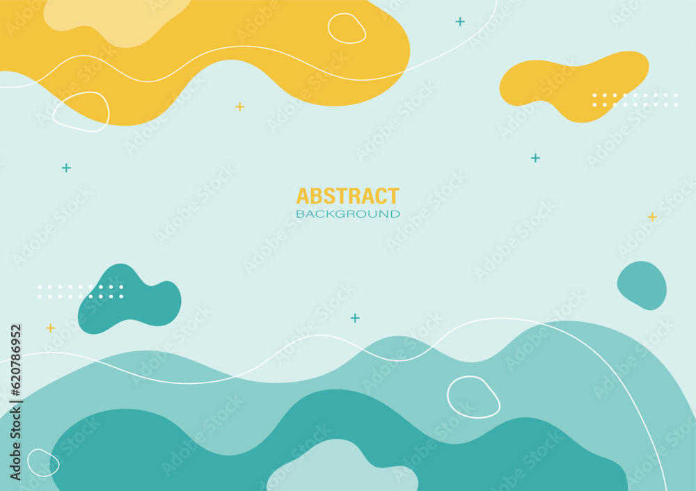 Abstract yellow and green organic shapes on pastel color backgrounds. Flat design and decorate with white curve lines for the banner template.