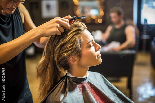 The master takes care of the hair of a woman in a beauty salon. Generative AI