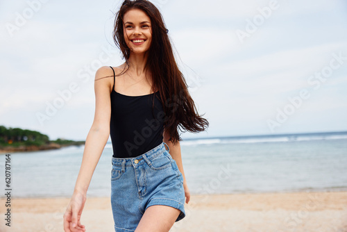 beauty woman summer sunset running smile lifestyle sea young travel beach