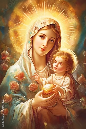 Fototapeta Photo illustration of the Orthodox Mother of God Virgin Mary with the baby bibli