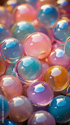 Shiny and colorful pastel glass marbles in a mesmerizing pattern