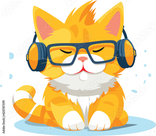 cat listening music illustration, cat with headphones and cooling glasses illustration