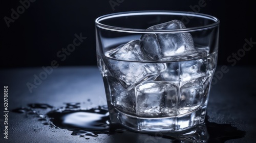 Glass with ice cube background with copy space