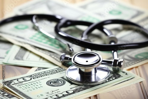 Medical stethoscope and dollar bills background