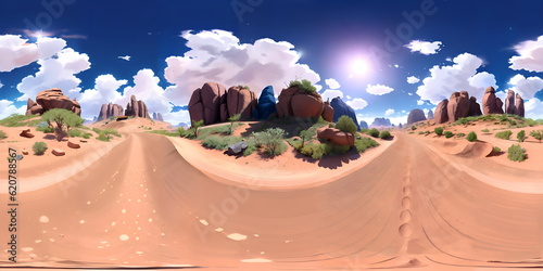 cactus in the desert |  there is a 3d rendering of a desert landscape with rocks and bushes, 360 monoscopic equirectangular, inspired by RHADS, hand painted cartoon art style, inspired by Paul Kelpe. photo