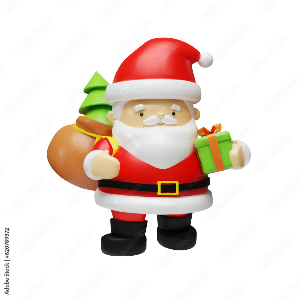 3D render Santa Claus with santa sack, christmas tree and gift. Realistic xmas character in clay, plastic style. Vector illustration in cartoon style for celebrating Merry Christmas. Winter holiday 3D render Santa Claus with santa sack, christmas tree and gift. Realistic xmas character in clay, plastic style. Vector illustration in cartoon style for celebrating Merry Christmas. Winter holiday