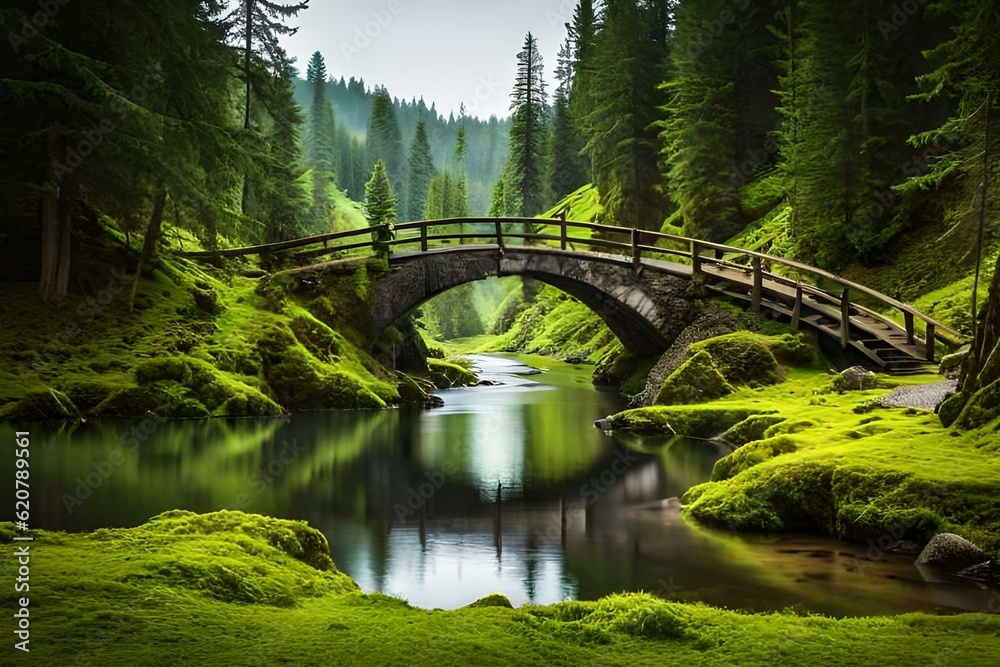 bridge in the forest generated by AI technology