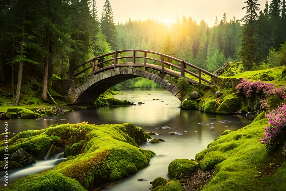 bridge over river wooden bridge in the forest, greenery in woods, bridge connecting two jungles and wooden path in the forest,water pass away under the bridge, sun riseing bridge over river wooden bridge in the forest, greenery in woods, bridge connecting two jungles and wooden path in the forest,water pass away under the bridge, sun riseing