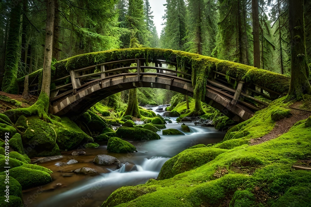 bridge in the forest, greenrey in the forest wooden bridge, bridge connecting two forest bridge in the forest, greenrey in the forest wooden bridge, bridge connecting two forest
