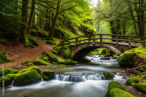 bridge over the river  wooden bridge in the forest  greenery in woods  bridge connecting two jungles and water falling