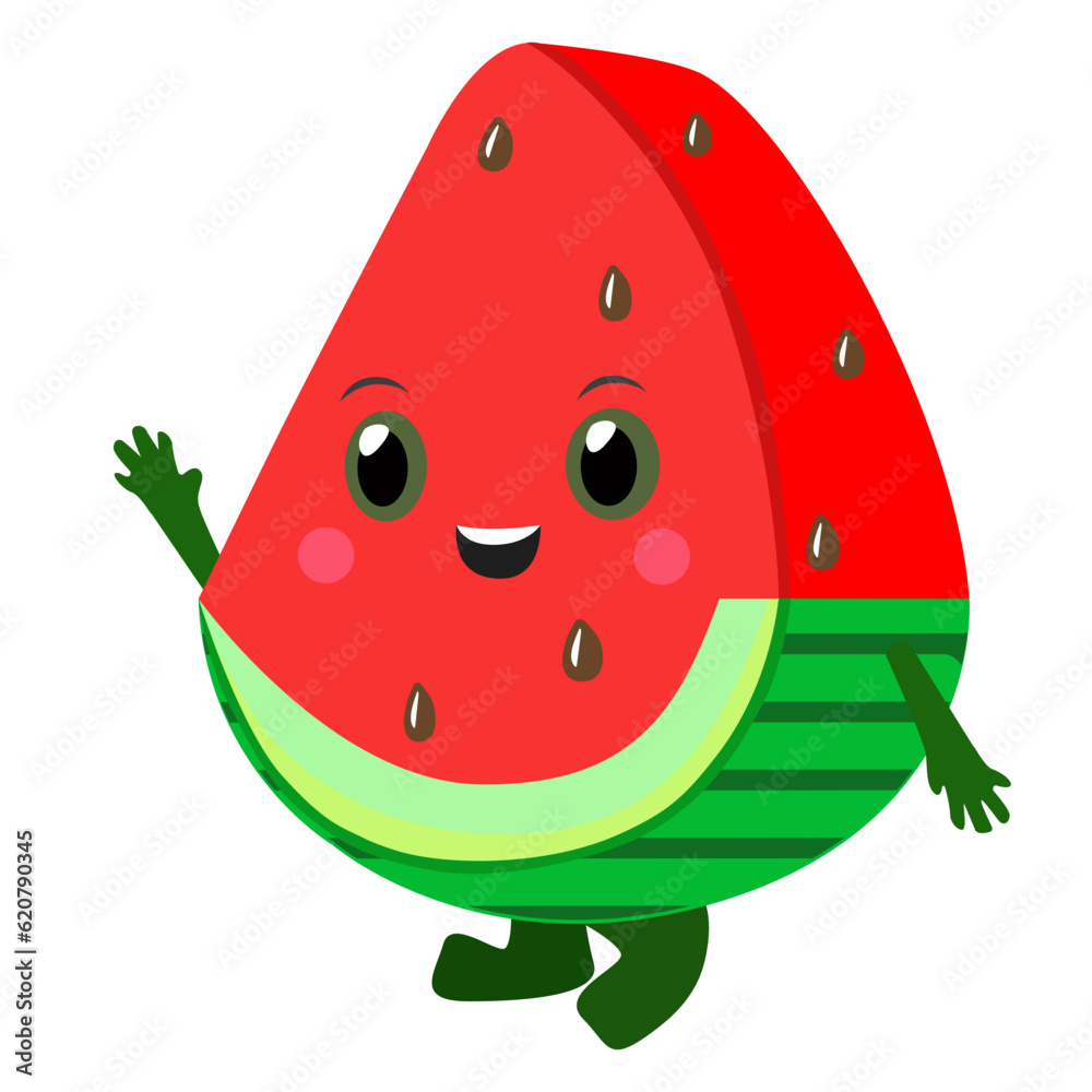 Fototapeta premium Watermelon Slice - a vector cartoon cute watermelon character. The red and juicy watermelon slice raised its hand and is smiling.