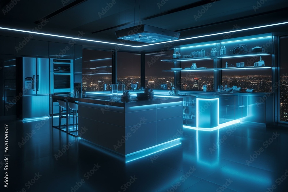 Futuristic kitchen with smart appliances and neon lights, illuminated by evening ambient light and panoramic windows. Generative AI
