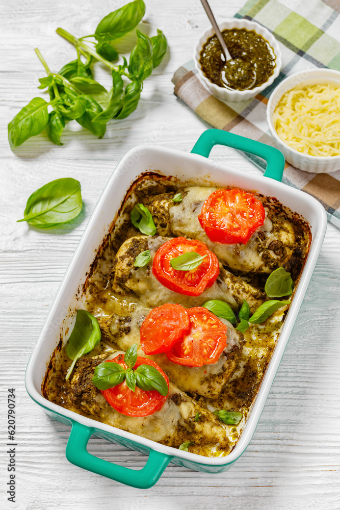 chicken breasts with pesto sauce, cheese, tomato chicken breasts with pesto sauce, cheese, tomato